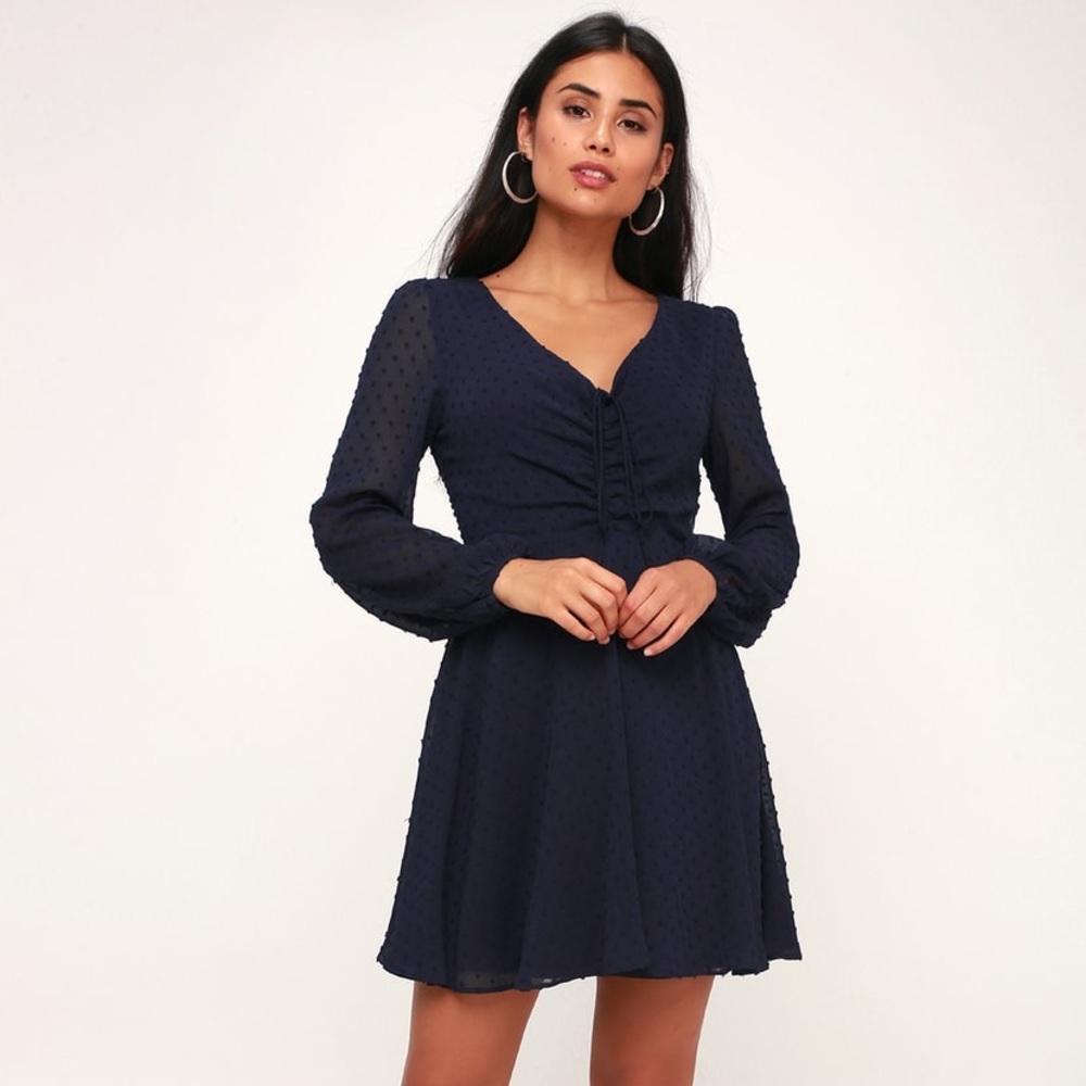 Lulu’s Navy Blue Swiss Dot Long sleeve  Dress